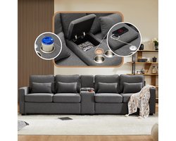 4-Zits Bank van Linnenstof met Console, 2 USB-Aansluitingen, 2 Bekerhouders en 4 Kussens – Luxe Moderne Sofa met Opbergruimte voor Woonkamer, Donkergrijs Linnen – Medahomestore