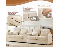 4-Zits Bank van Linnenstof met Console, 2 USB-Aansluitingen, 2 Bekerhouders en 4 Kussens – Modern Comfort Sofa voor Woonkamer, Luxe Linnenbank met Opbergruimte – Beige – Medahomestore