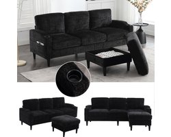 4-zits bank zwart - grote loungebank voor 4 personen - 196.5 × 77 cm - Zachte chenille bekleding - Geïntegreerde drankhouders en zijvakken