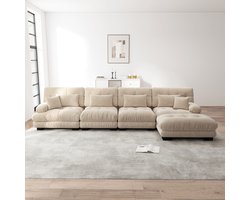 4-zits hoekbank, L-vormige woonkamerbankset, bank met verplaatsbare poef, lichte koffie