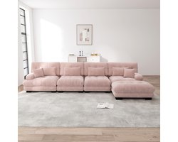 4-zits hoekbank, L-vormige woonkamerbankset, bank met verplaatsbare poef, roze