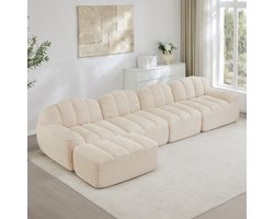 4-zits L-vormige modulaire sofa zonder frame – schelpvormig – diepe zittingen – inclusief 1 voetenbankje, woonkamersofa – kant-en-klaar – beige