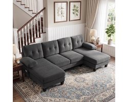 4-zits U-vormige bank met stoel-longue, modern gestoffeerde bank voor slaap en ontspanning - 242x128x84 cm, Grijs
