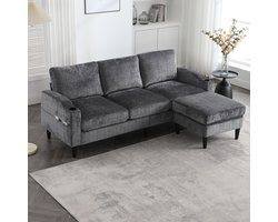 4-zits zitbank - 196,5 x 75 x 77 cm - chenille bekleding - met opbergruimte - modulair samen te stellen - met bekerhouders - met armleuningen - Grijs