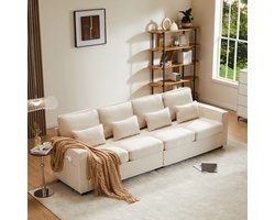 4-zits zitbank - 264 x 83 x 87 cm - linnenlook bekleding - met opbergruimte - inclusief kussens - met armleuningen - met rugkussens - met stevig frame