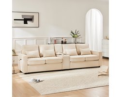 4-zits zitbank - 290 x 83 x 88 cm - linnenlook bekleding - met opbergruimte - met USB-aansluiting - met bekerhouders - inclusief kussens - Beige