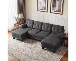 4-Zitsbank, U-Bank, 4-zits U-vormige Bank met Chaise Longue, Moderne Bank Bekleed met Chenille, Slaapbank met Verstelbare Rugleuning, Gastenbank voor Woonkamer en Kantoor-Grijs