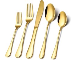 40-Delige Bestekset RVS voor 8 Personen, Zilver en Goudkleurig, Spiegelglans, Vaatwasmachinebestendig