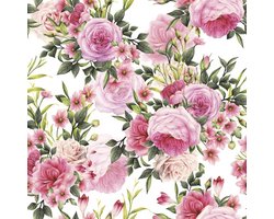 40 Servetten - Tros Roos - Bloem - Blad - Licht Roze - Roze - Zalm Roze - Wit - Groen - 33 x 33 cm - 3-Laags - Daisy