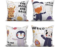 40 x 40 cm, set van 4, schattige dieren, giraf, vos, panda, pinguïn, bank, sierkussen, kussenslopen, kussenovertrek, wasbaar polyester, vlas textiel, outdoor kussensloop