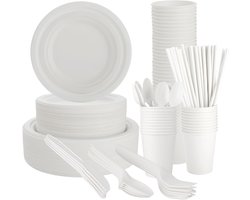 400-delige Servies Set van Papieren Borden, Biologisch Afbreekbaar en Milieuvriendelijk, Wegwerpservies voor 50 Personen met Bestek voor Feestjes en Verjaardagen