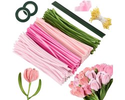400 stuks - Pijpenragers - Twister Sticks - Gekleurde Pijpenragers - Chenille Draad - Dikke pijpenragers - met accessoires - knutselbenodigdheden - voor doe-het-zelfkunstprojecten, creatieve bloemenbenodigdheden, kerstfeestdecoraties - 30cm - roze