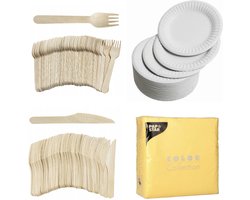 400 x Houten wegwerp bestek set bio/eco/milieubewust - 100 Vorken/ 100 messen/100 witte borden + 100 bio servetten geel 33x33cm