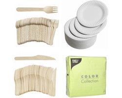 400 x Houten wegwerp bestek set bio/eco/milieubewust - 100 Vorken/ 100 messen/100 witte borden + 100 bio servetten lime 33x33cm