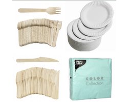 400 x Houten wegwerp bestek set bio/eco/milieubewust - 100 Vorken/ 100 messen/100 witte borden + 100 bio servetten munt 33x33cm