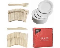 400 x Houten wegwerp bestek set bio/eco/milieubewust - 100 Vorken/ 100 messen/100 witte borden + 100 bio servetten rood 33x33cm