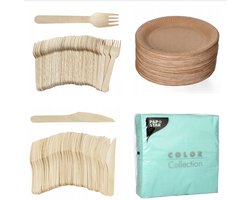 400 x stuks x Houten wegwerp bestek set bio/eco/milieubewust - 100 Vorken/ 100 messen/100 borden + 100 bio servetten munt 33x33cm