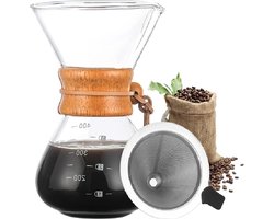 400ml Handmatige Koffie Dripper Brewer - Roestvrij Staal Filter - Borosilicaat Glas Karaf met Echte Houten Mouw
