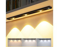 40cm Oplaadbare LED Kastverlichting met Bewegingssensor - 3 Kleurtemperaturen Dimbaar - Magnetisch Draadloos voor Keuken, Slaapkamer en Kast - Zwart