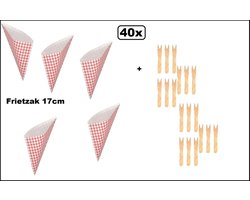 40x Friet/patat zak Boerenbont 17cm papier + 40x houten frietvorkje - friet puntzak patat friet frites bakje snack zak evenement uitdeel