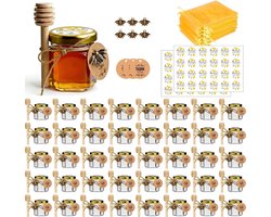 40x Mini honingpotjes 45 ml – Kleine glazen potjes met honinglepel en bijenhanger – Mini honey jars als cadeau voor babyshower, bruiloft of feest