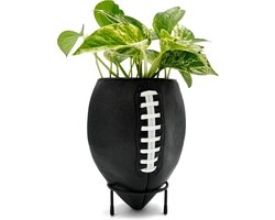 40YARDS American Football Bloempot, echte football van zwart PU-leer met zwarte metalen standaard, plantenbak voor kamerplanten, binnendiameter 11,7 cm, totale hoogte 22,5 cm