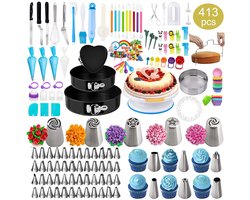 413-delige Taart Draaischijf Set – Complete Bakset met Spuitzakken, Spatels, Maatbekers & Decoratiegereedschap – Roestvrij Staal, Siliconen, PP & TPU – Taart Decoratie & Bakbenodigdheden