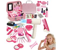 43-delige Kinder Schoonheidsset voor Meisjes, Nagemaakte Kapper- en Make-up Speelset met Föhn, Krultang en Accessoires, Complete Verkleedset met Koffer, Educatief Pretend Play Speelgoed voor Kinderen van 3-8 Jaar
