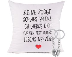 45 x 45 cm Pillow Case with Funny Spells Pillow Case with 1 Pair Metal Big-Little Sis Heart Shaped Keychain Sisters Gift for Birthday Christmas etc.