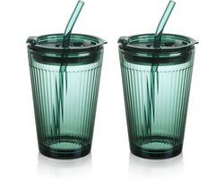 450 ml groene drinkbeker met deksel en rietje, glas, set van 2 glazen smoothiebekers met rietje, koffiebeker met rietje voor sap, koffie, water, thee