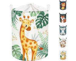 45L Schattige Groene Wasmand Baby met Giraffe , Vogels - Bosdieren Bladeren Ronde Wasmand Opvouwbaar - Perfecte Opbergmand voor de Kinderkamer om Speelgoed op te Bergen 36 x 45 cm