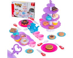 46-delige speelgoed servies high tea set met gebak etagère en bestek kunststof - Koffieservies - theeset - taarten - cupcakes