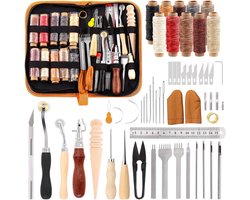 46 pieces leather kit - leather work tools and supplies - leather craft tool set with waxed thread groover awl stitching punch - tracing wheel - sewing needles - other leather accessoires