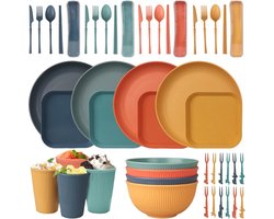 48-delig onbreekbaar servies voor 4 personen, campingdinerset, picknick-dinerset, serveerborden, kommen, kopjes, bestek en vorken, servies