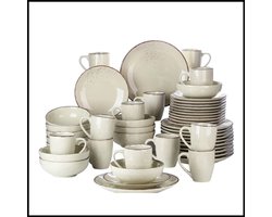 48-delige Keramische Serviesset - Dinerbord, Dessertbord, Kom 800ml, Mok - Beige Stoneware - Handgeschilderde Rand, Modern Vintage Design - Duurzaam, FDA-gecertificeerd, Oven- en Vaatwasbestendig - Elegant en Hoogwaardig - Voor 12 Personen