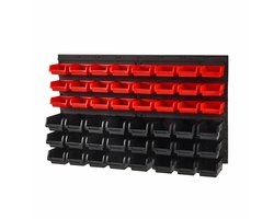 48-delige Wand Opbergsysteem met Onderdelenbakken – Garage Organizer met Wandpanelen – Schroeven, Bouten & Gereedschap Opbergen – Werkplaats Opslag Rek Zwart/Rood