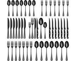 48-Delige Zwarte Bestekset voor 8 Personen - RVS Bestekset met Steakmessen - Elegant Tafelservies