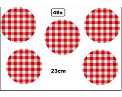 48x Bord 23cm Boerenbont karton - Diner eten restaurant Oktoberfest geruit rood/wit BBQ thema feest verjaardag feest
