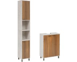 4bathroomz Badkamerset Lugano - Kolomkast en Wastafelonderkast - Marmer/Houtlook