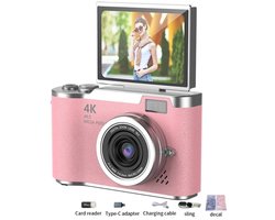 4K Digitale Camera 48MP met Flip Screen Roze – Selfiecamera met 8x Zoom + 32GB Geheugenkaart - Vlogcamera - Camera voor Kinderen en Volwassen