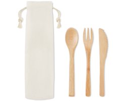 4x Bestek set - Bamboe - Besteksetje - Vork / mes / lepel - Met opbergzakje - Reisbestek - Kampeer bestek - Herbruikbaar bestek voor onderweg - Travel cutlery - 4 sets - Jonyx