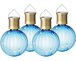 4x Buiten/tuin Led blauwe lampion solar verlichting 11 cm - Tuinverlichting - Tuinlampen - Solarlampen zonne-energie