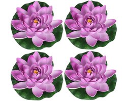 4x Lila paarse drijvende kunst waterlelie bloemen 18 cm - Tuinaccessoires - Vijverbenodigdheden - Vijverdecoratie - Nep/kunst bloemen/planten - Waterlelies