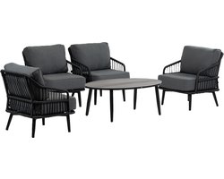 4x Loungestoel Isabel | Black + Bijzettafel Mykonos Ovaal 120x75cm | Grey | Aluminium & Kunststof