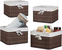 4x opbergmand bamboe - opvouwbare mand - stof - decoratie - bruine kastmand