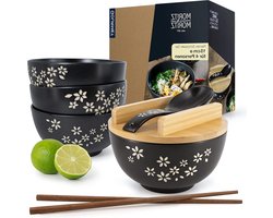 4x Ramen kom keramiek - 600 ml - 15 cm Ø - Zwarte Bowl Set voor 4 personen - Voor soep Pho en Sushi - Incl. staafjes deksel en lepel