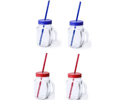 4x stuks Glazen Mason Jar drinkbekers met dop en rietje 500 ml - 2x blauw/2x rood - afsluitbaar/niet lekken/fruit shakes