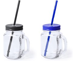 4x stuks Glazen Mason Jar drinkbekers met dop en rietje 500 ml - 2x zwart/2x blauw - afsluitbaar/niet lekken/fruit shakes