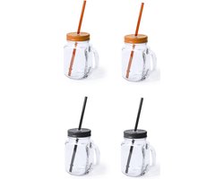 4x stuks Glazen Mason Jar drinkbekers met dop en rietje 500 ml - 2x zwart/2x oranje - afsluitbaar/niet lekken/fruit shakes