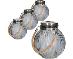 4x stuks grijze solar lantaarn van gestreept glas rond 16 cm - Tuinlantaarns - Solarverlichting - Tuinverlichting